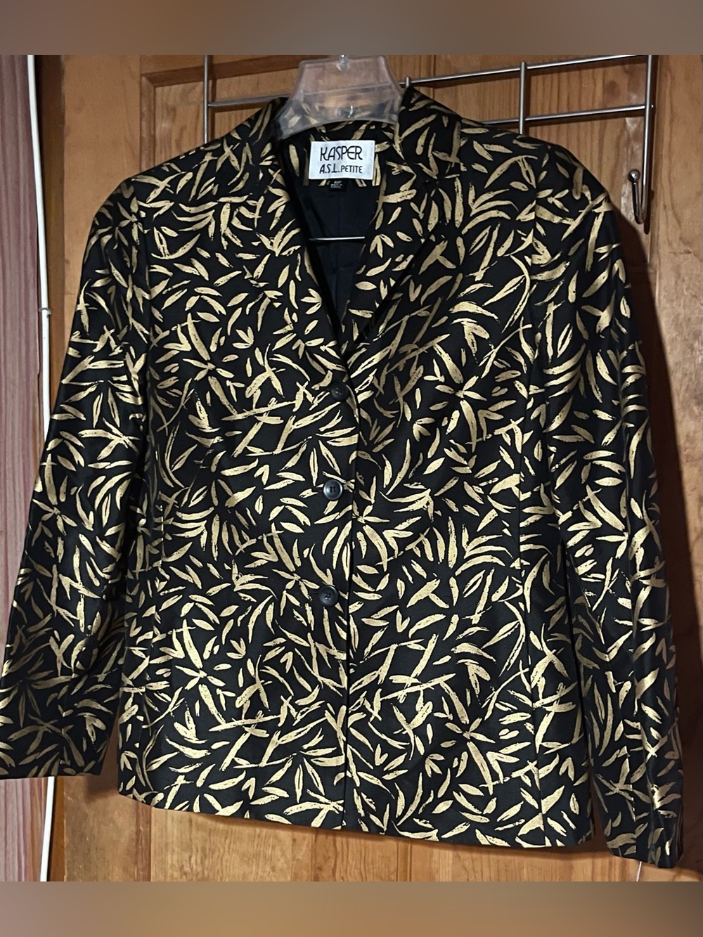Vintage Kasper A.S.L. 10P 100% Silk Black Gold Leaf Blazer NWT